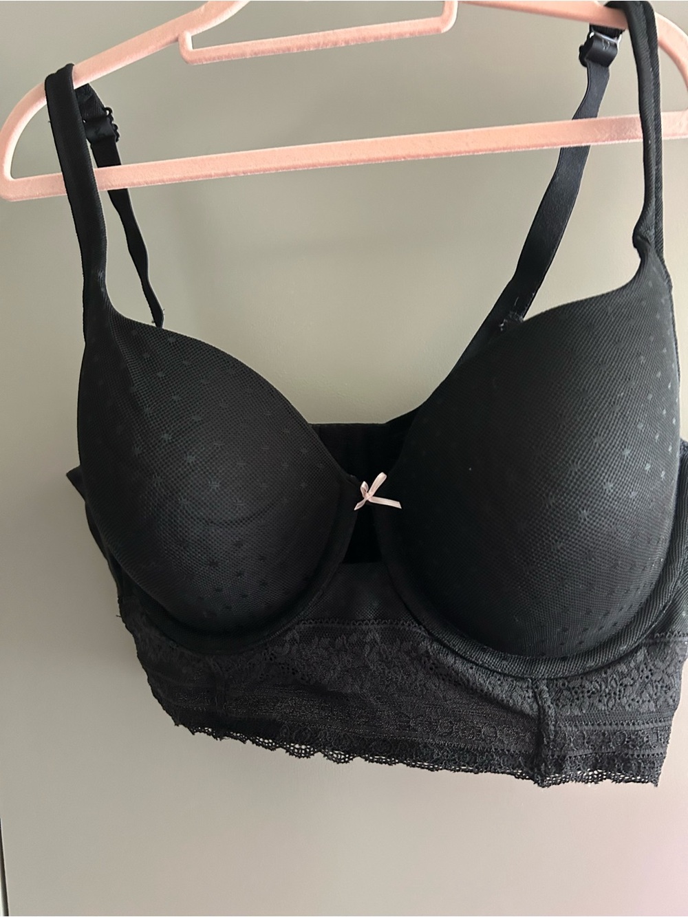Cacique Black Lace Longline Bra with Pink Bow